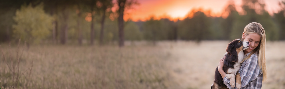 Woman holding a dog in a field with a sunset in the background