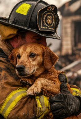 Firefighter holding a dog