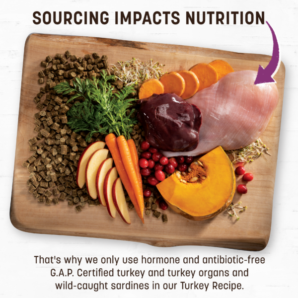 Sourcing impacts nutrition. That's why we only use hormone and antibiotic-free G.A.P. Certified turkey and turkey organs and wild-caught sardines in our Turkey Recipe.