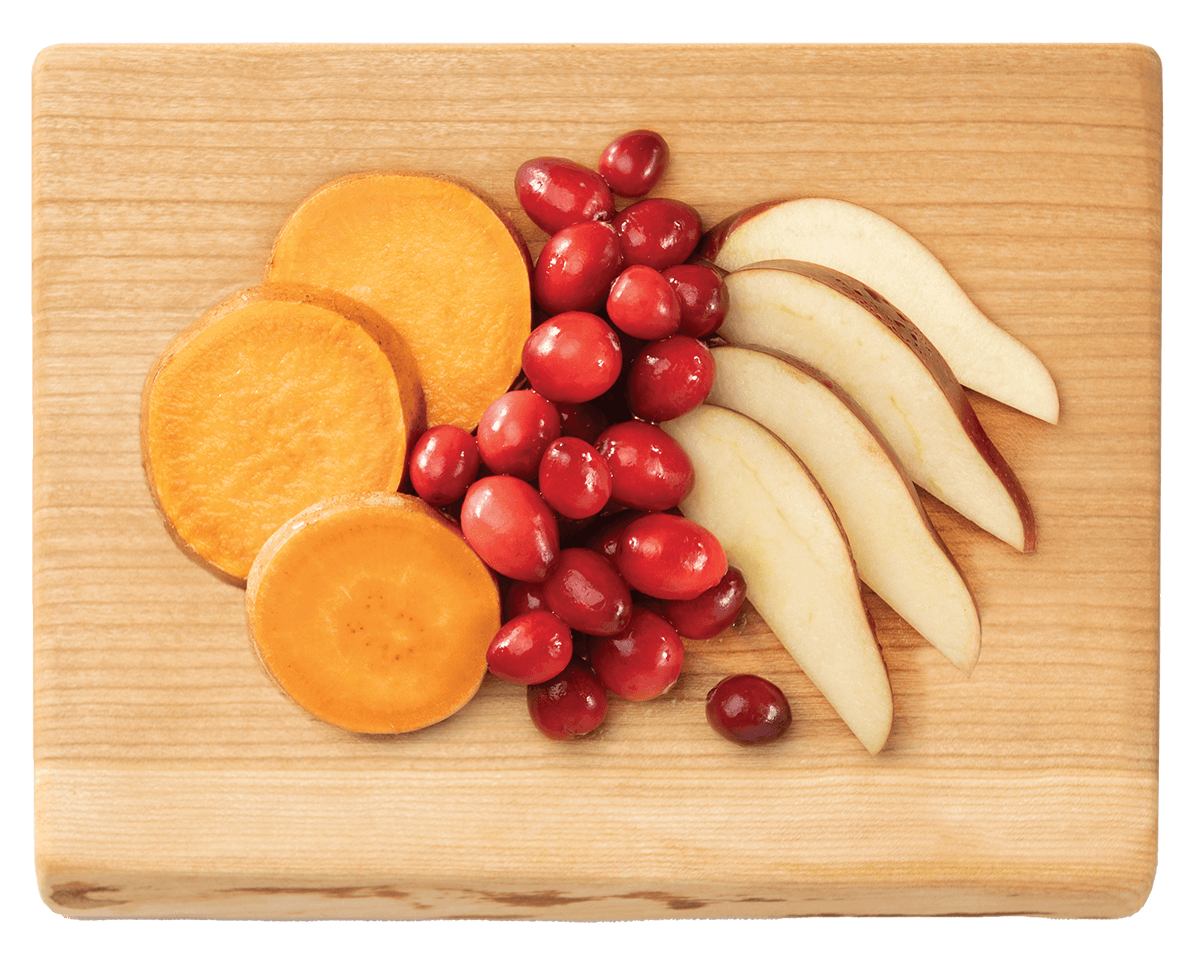 Small board featuring sweet potato, cranberry, and apple