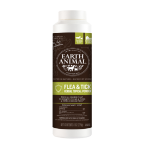 front view of a bottle of flea & tick herbal topical powder