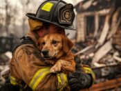 Firefighter holding a dog
