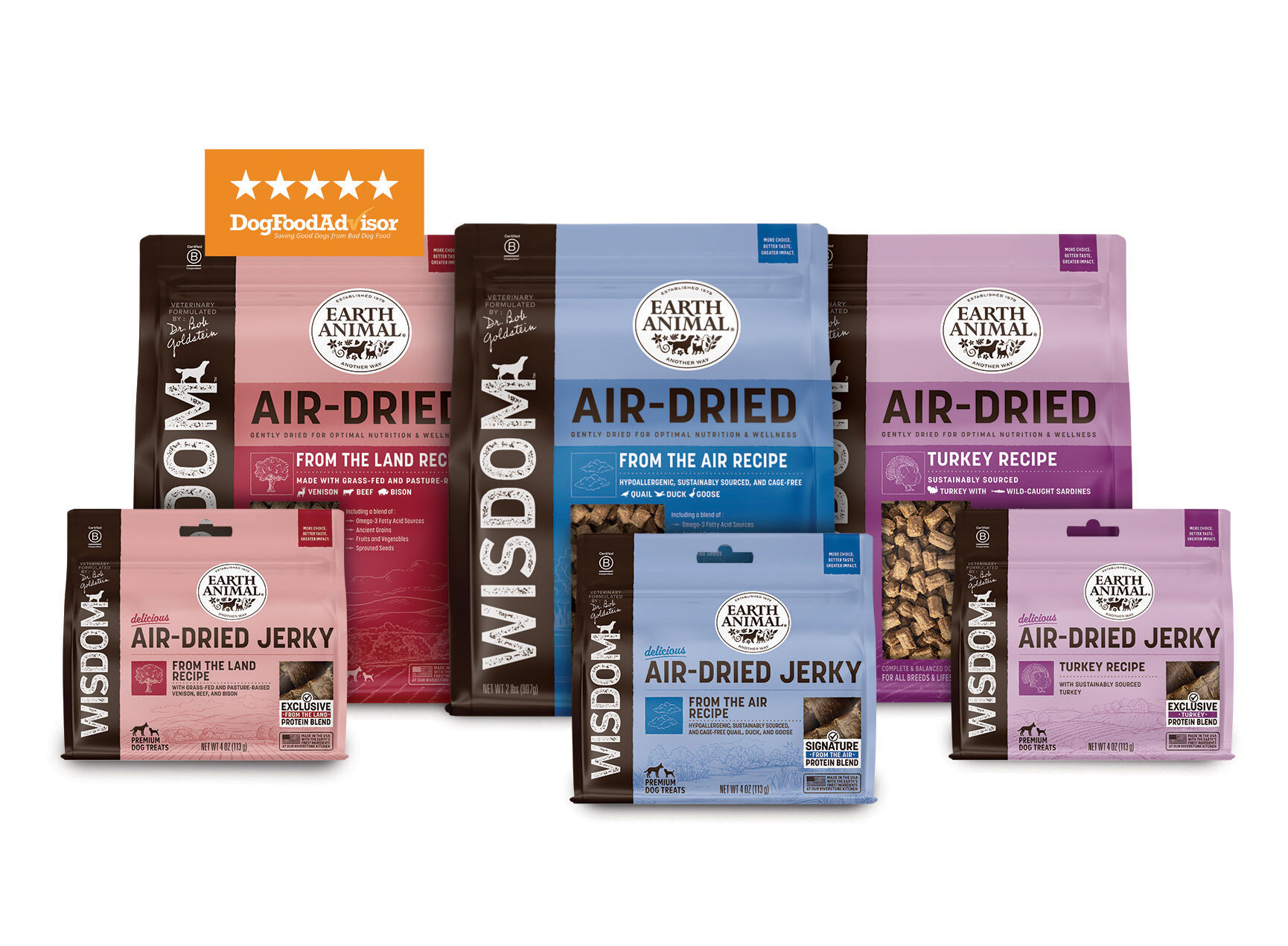 Wisdom™ Air-Dried Dog Food and Jerky packages