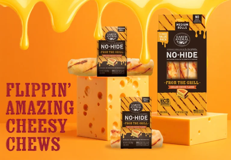 Flippin amazing cheesy chews. New No-Hide grilled cheese rolls displayed on orange cheese blocks against orange background with cheese dripping from the top
