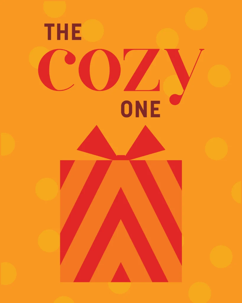 The Cozy One - Gift Persona Icon with present box, red lettering on orange background