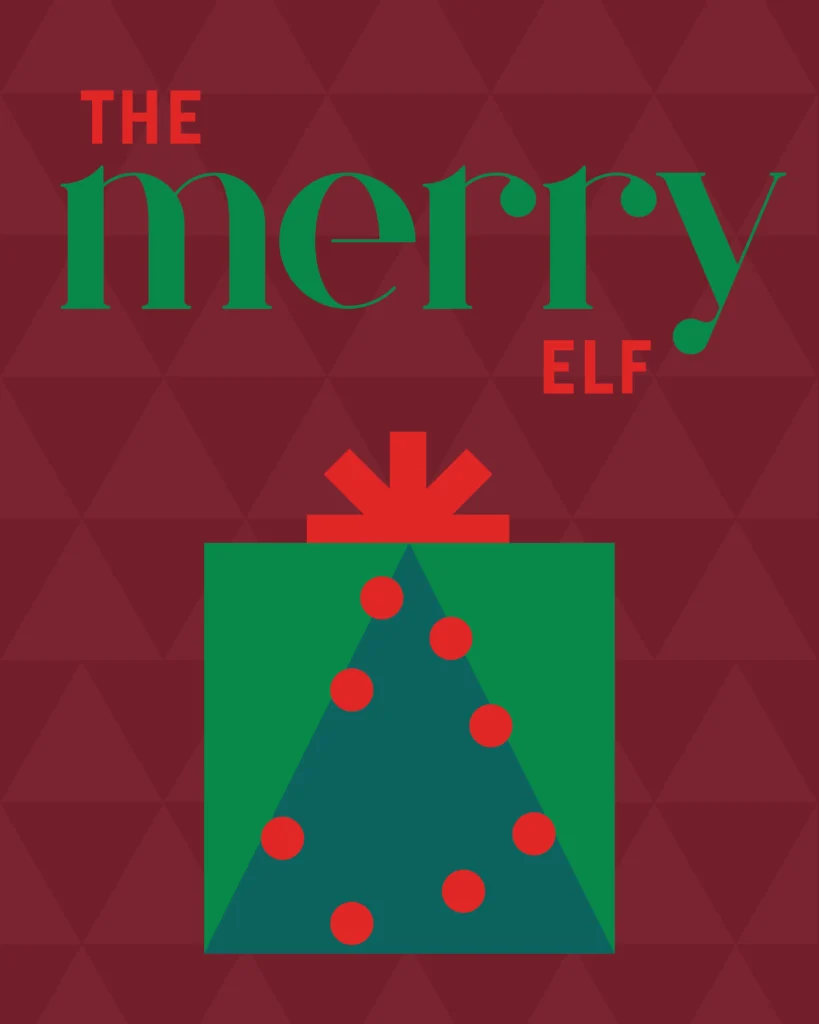 The Merry Elf - holiday gift persona. Christmas tree on a present box
